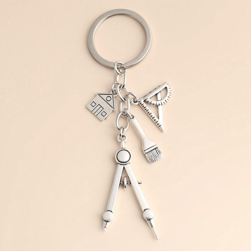 Compass Keychain Mini - พวงกุญแจเงินอเนกประสงค์ ไม้บรรทัดสามเหลี่ยม วงเวียนวาดภาพ 1 ชิ้น ขนาดเล็ก