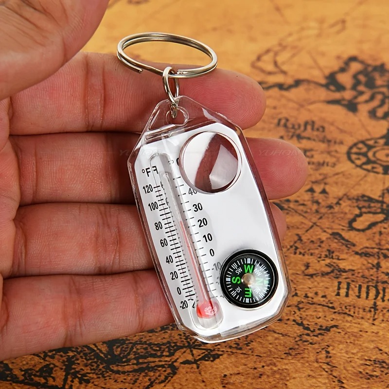 Compass Keychain Mini - เข็มทิศพวงกุญแจ 3 in 1 แบบพกพา เข็มทิศขนาดเล็กพร้อมเทอร์โมมิเตอร์และแว่นขยาย